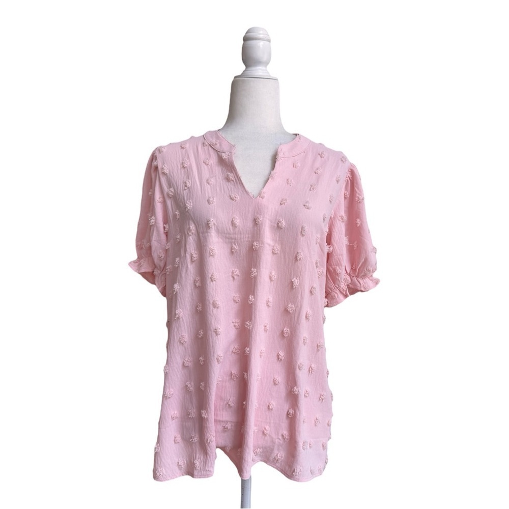B Pink Clip Dot Short Puff Sleeve V Neck Womens Size M Blouse Solid Polka Dot